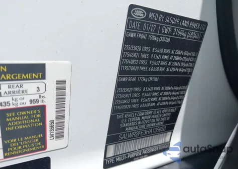 2017 Land Rover Range Rover Sport 5.0L V8 Supercharged/5.0L V8 Supercharged Dynamic from USA, damaged, VIN SALWR2FE3HA135650